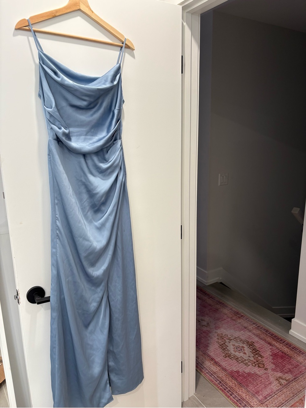 Light Blue Satin Cowl-Neck Maxi Dress
